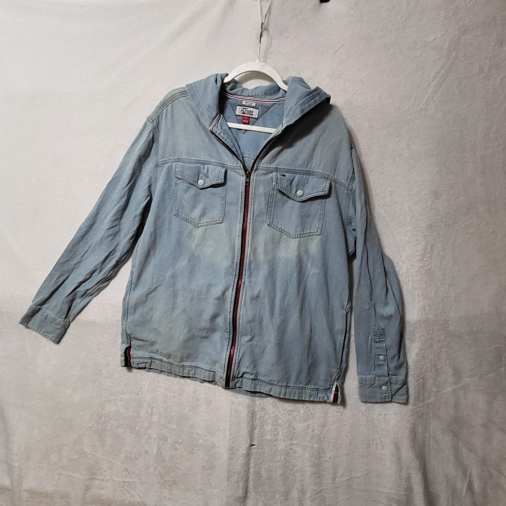 Tommy Hilfiger Denim Jacket Mens Medium Hooded Full Zip Spell Out Patch‎